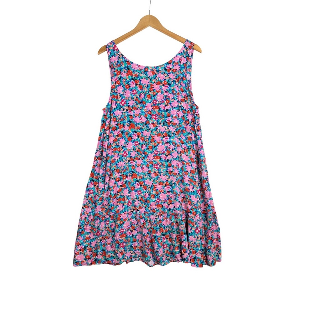 Loft Daisy Floral Print Tie Sleeveless Flounce Dress size Large Pink/Red/Green